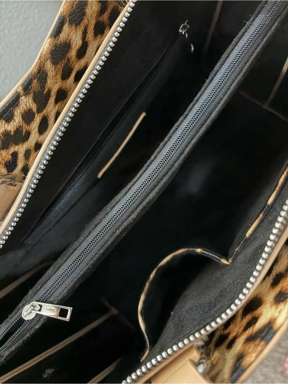 Sassy Jones Beige Satchel with Leopard Panels